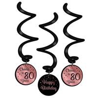 Hangdecoratie 80 jaar rosé zwart 3 stuks