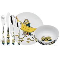 WMF 1286079964 Kids Bestekset Minions 6-delig, 1 kindervork, -lepel en -mes, 1 kleine lepel, 1 kom, 1 bord, Cromargan® 18/10 RVS, Veilig, Ergonomisch, Vaatwasmachinebestendig, Vanaf 3 jaar