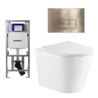 QeramiQ Dely Toiletset - 36.3x51.7cm - diepspoel - rimless - Geberit UP320 inbouwreservoir - softclose toiletzitting - geborsteld messing bedieningsplaat - rechtehoekige knoppen - wit glans SW543431/0701131/SW706201 - thumbnail