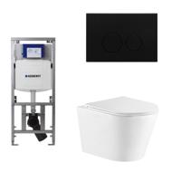 QeramiQ Dely Toiletset - 36.3x51.7cm - diepspoel - rimless - Geberit UP320 inbouwreservoir - softclose toiletzitting - mat zwarte bedieningsplaat - ronde knoppen - wit glans SW543431/0701131/SW706192