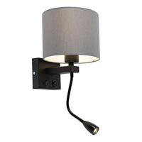 QAZQA - Moderne wandlamp zwart met grijze kap - Brescia | Woonkamer | Slaapkamer - Staal Cilinder |Vierkant - E27 LED inbegrepen - Max. 1 x 40 Watt