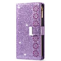 Samsung Galaxy S20 Ultra hoesje - Bookcase - Koord - Pasjeshouder - Portemonnee - Glitter - Bloemenpatroon - Kunstleer - Paars