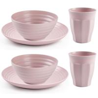 Camping Servies set - kunststof - roze - 6x borden/6x drinkbekers/6x kommetjes - thumbnail