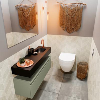 Mondiaz Andor toiletmeubel 100cm army met zwarte wastafel rechts met kraangat Mondiaz Andor toiletmeubel 100cm army met zwarte wastafel rechts met kraangat