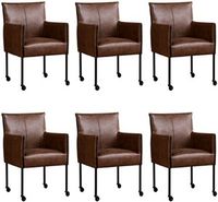 Set van 6 Bruine leren moderne kuipstoel More - poot rond zwart met wiel - Vintage Leer Brown (bruin leer)