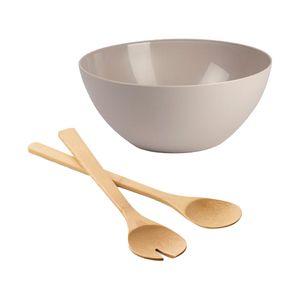 Salade serveer schaal - beige - kunststof - Dia 25 cm - incl. bamboe Sla couvert/bestek