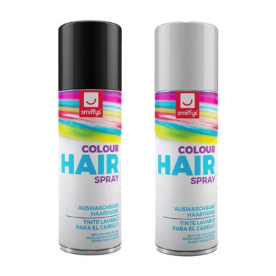 Carnaval verkleed hoofdhaar verf/spuitspray - zwart en wit - spuitbussen - 125 ml p/st Carnaval verkleed hoofdhaar verf/spuitspray - zwart en wit - spuitbussen - 125 ml p/st