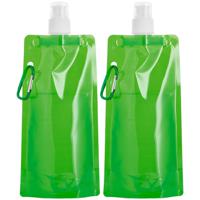 Waterfles/drinkfles opvouwbaar - 2x - groen - kunststof - 460 ml - schroefdop - waterzak