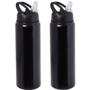 Waterfles/sportfles/drinkfles Sporty - 2x - zwart - aluminium/kunststof - 800 ml