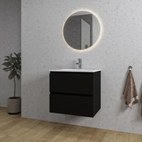 Adema Chaci Badkamermeubelset - 60x46x57cm - 1 ovale keramische wasbak wit - 1 kraangat - 2 lades - ronde spiegel met verlichting - mat zwart SW718704/SW718716/SW108325 - thumbnail