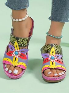 Retro Color Contrast Ethnic Style Flower Hollow Wedge Sandals