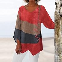 Dames Overhemd Blouse Kleurenblok Afdrukken Casual Basic Lange mouw V-hals Rood Lente Herfst Lightinthebox - thumbnail