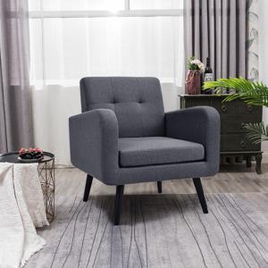 Fauteuil Vleugelstoel met Armleuningen Leesstoel met Poten van Massief Rubberhout Televisiestoel Gestoffeerde Stoel Grijs/Marineblauw