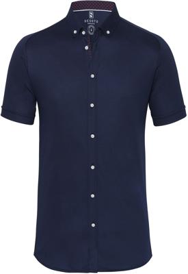 Desoto Heren Overhemd Navy Witte Knopen Korte Mouw Slim Fit