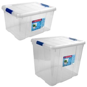 2x Opbergboxen/opbergdozen met deksel 16 en 35 liter kunststof transparant/blauw