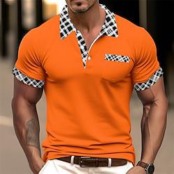 Voor heren POLO Shirt Golfshirt Casual Feestdagen Revers Korte mouw Modieus Basic Pied-de-poule Geruit Lapwerk Zak Zomer Normale pasvorm Donker Grijs Wit Hemelsblauw Oranje Khaki POLO Shirt Lightinthebox