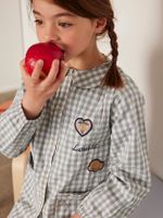 Personaliseerbare geruite schort met iriserende badges voor meisjes vichyblauw Personaliseerbare geruite schort met iriserende badges voor meisjes vichyblauw