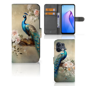 Telefoonhoesje met Pasjes voor OPPO Reno8 Vintage Pauwen