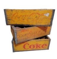 Originele Vintage Houten Coca-Cola Flessenkrat - Geel - Europees Model - thumbnail