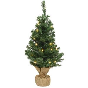 Mini kerstboom - groen - 45 cm - in jute zak - met kerstverlichting - kunstboompje