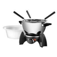 UNOLD 48615 Fondueset - elektrische fondue, wisselpan (roestvrij staal/keramiek), vleesfondue/Aziatisch, chocoladefondue, kaasfondue, kookplaat, met accessoires, voor 6 personen, zwart/zilver