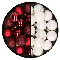 28x stuks kleine kunststof kerstballen parelmoer donkerrood en wit 3 cm   - - thumbnail