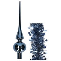 Kerstversiering glazen piek glans 26 cm en sterren folieslingers pakket donkerblauw van 3x stuks - thumbnail