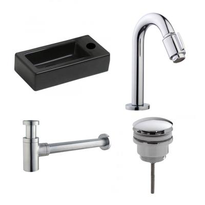 Fonteinset Rhea Zwart Rechthoek Rechts 36.5x18x9cm Toiletkraan Knop Clickwaste Sifon Chroom