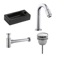 Fonteinset Rhea Zwart Rechthoek Rechts 36.5x18x9cm Toiletkraan Knop Clickwaste Sifon Chroom