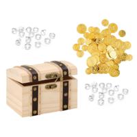 Houten piraten schatkist 17 x 12.5 cm met diamanten en 100x plastic gouden piraten geld munten - thumbnail