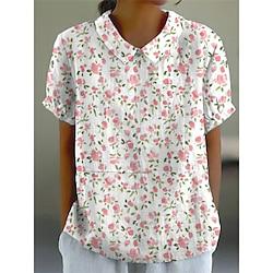 Dames Overhemd Blouse Bloemig nappi Afdrukken Dagelijks Vakantie Modern Korte mouw Overhemdkraag Blozend Roze Zomer Lente Lightinthebox