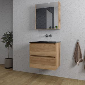 Adema Chaci Badkamermeubelset - 60x46x57cm - 1 keramische wasbak zwart - zonder kraangaten - 2 lades - Spiegelkast - kaneel SW718700/SW773930/SW812066/SW812073