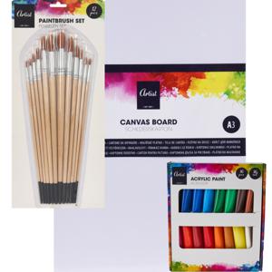 Complete hobby schilderijen maken verf set - 2x canvas schildersdoeken 40 x 30 cm - penselen - verf