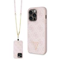 iPhone 15 Pro Guess 4G Strass Triangle Metal Logo Case with Crossbody Strap - Roze - thumbnail