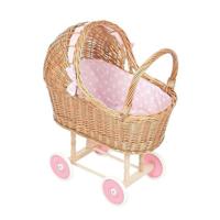 Rieten poppenwagen met kap - Roze met witte stip - Kunststof wielen