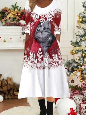 Crew Neck Snowflake And Cat Casual Loose Dress Crew Neck Snowflake And Cat Casual Loose Dress