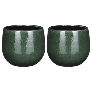 2x Stuks Plantenpot/bloempot keramiek donkergroen speels licht gevlekt patroon - D16/H14 cm