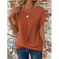 Dames Overhemd Blouse Geklede topjes Wafelstof Effen Kleur Gedraaid Dagelijks Basic Korte mouw Strakke ronde hals Oranje Zomer Lightinthebox