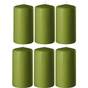 6x Olijf groene cilinderkaarsen/stompkaarsen 6 x 8 cm 27 branduren