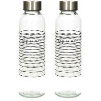 Glazen waterfles/drinkfles/sportfles - 2x stuks - helder transparant - met RVS dop - 500 ml