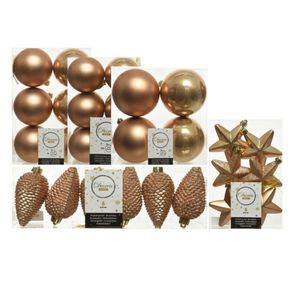 Kerstversiering kunststof kerstballen camel bruin 6-8-10 cm pakket van 62x stuks