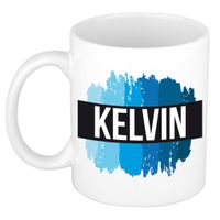 Naam cadeau mok / beker Kelvin met blauwe verfstrepen 300 ml - thumbnail