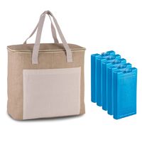 Grote koeltas jute/canvas 20 liter en 38 x 32 x 16 cm met 5x stuks koelelementen blauw