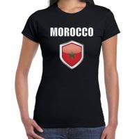 Marokko landen supporter t-shirt met Marokkaanse vlag schild zwart dames - thumbnail