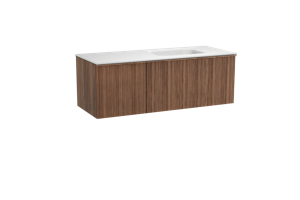 Balmani Forma zwevend badmeubel 135 x 55 cm amerikaans notenhout met Tablo Arcato asymmetrisch rechtse wastafel in solid surface mat wit, Verticale asymmetrische ronde ribbel