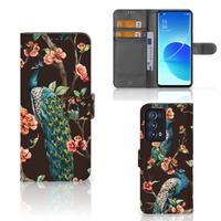 OPPO Reno 6 Pro Plus 5G Telefoonhoesje met Pasjes Pauw met Bloemen - thumbnail