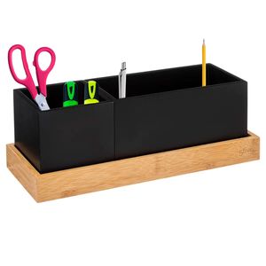 Pennenbakje/bureau organizer - zwart - 29 x 11 x 11 cm - bamboe hout