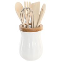 Keukengerei set in pot - 6-delig - wit - D11 x H16 cm - porselein - bamboe hout