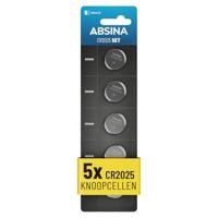 ABSINA 5x CR2025 3V Lithium batterij - CR 2025 batterijen lekvrij en duurzaam - CR2025 3V batterij voor autosleutels of weegschalen - CR2025 batterijen, CR 2025 batterijen voor autosleutel, CR2025