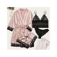 vrouwen kant satijn zijde pyjama sets 4 stuks pure kleur eenvoudig casual zacht thuis dagelijks bed satijn ademend v draad lange mouw shorts zomer lente zwart roze Lightinthebox